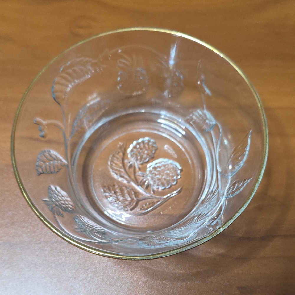 Vintage Arcopal France Clear Glass Berry Bowl With Gold Rim